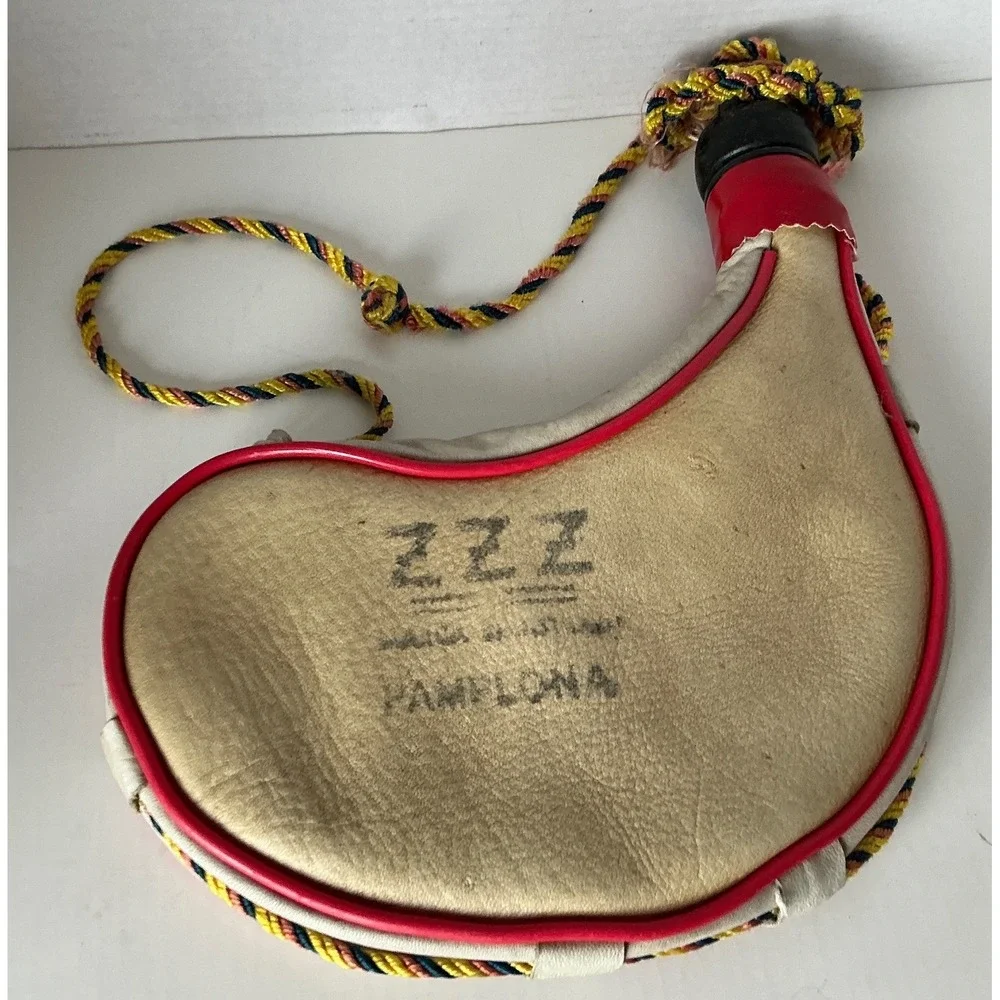ZZZ Vintage Spanish Bota Bag Pamplona Leather Wine Canteen Red Trim Spain